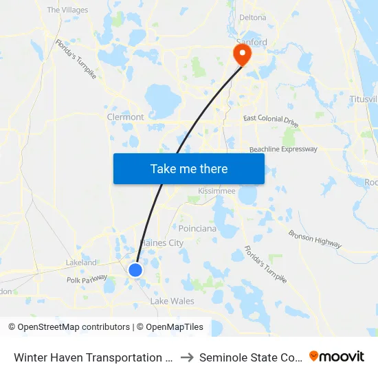 Winter Haven Transportation Center to Seminole State College map