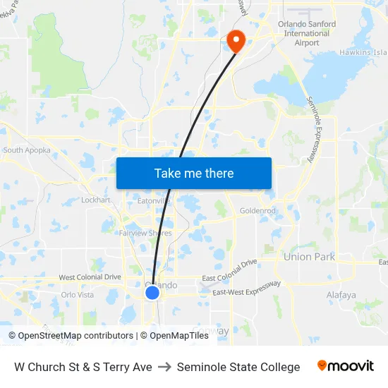W Church St & S Terry Ave to Seminole State College map