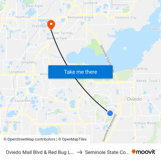 Oviedo Mall Blvd & Red Bug Lake Rd to Seminole State College map