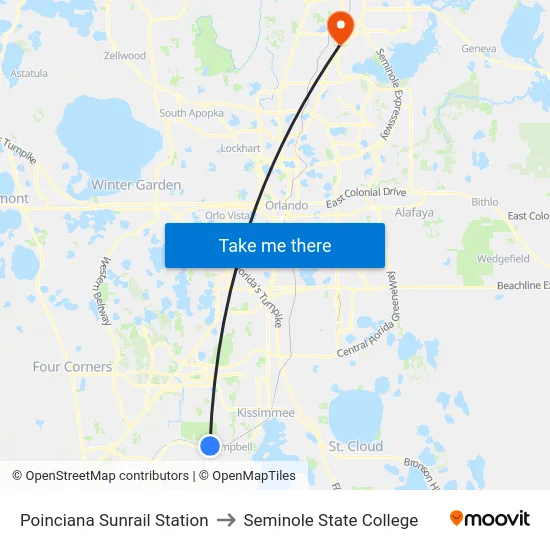 Poinciana Sunrail Station to Seminole State College map