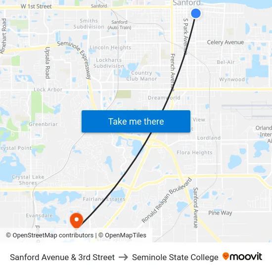 Sanford Avenue & 3rd Street to Seminole State College map