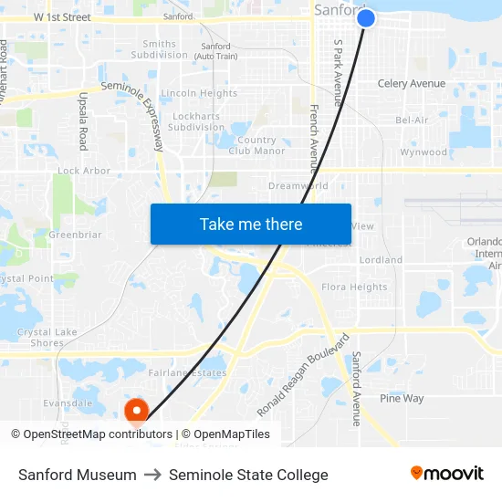 Sanford Museum to Seminole State College map