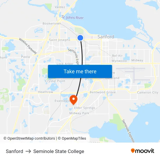 Sanford to Seminole State College map