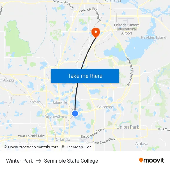 Winter Park to Seminole State College map