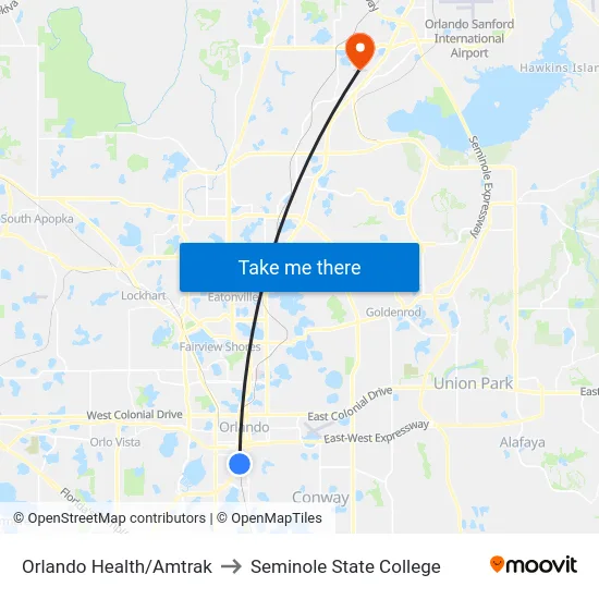 Orlando Health/Amtrak to Seminole State College map