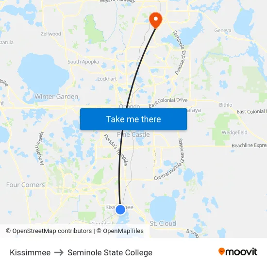 Kissimmee to Seminole State College map