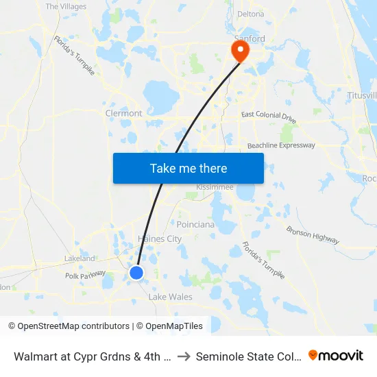 Walmart at Cypr Grdns & 4th St SE to Seminole State College map