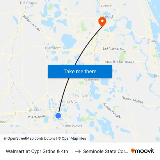 Walmart at Cypr Grdns & 4th St SE to Seminole State College map