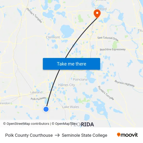 Polk County Courthouse to Seminole State College map