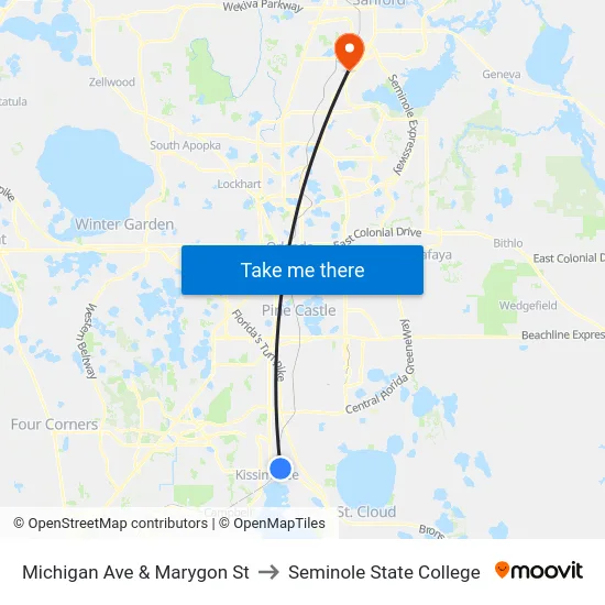 Michigan Ave & Marygon St to Seminole State College map
