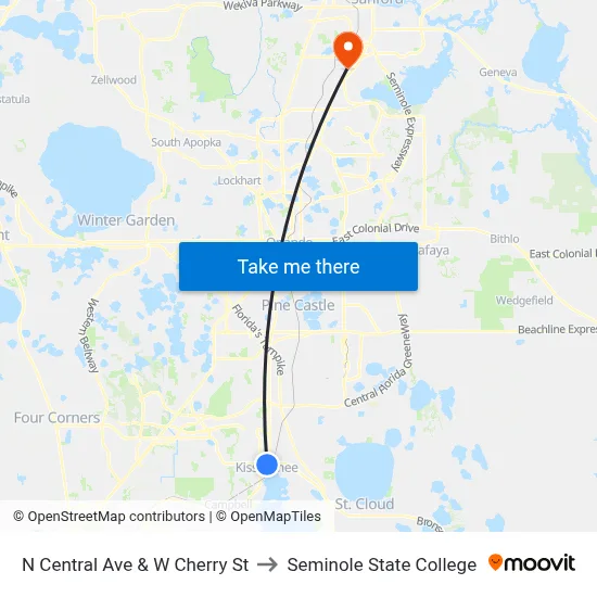 N Central Ave & W Cherry St to Seminole State College map