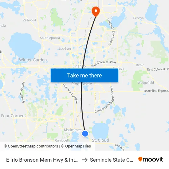 E Irlo Bronson Mem Hwy & Interior St to Seminole State College map