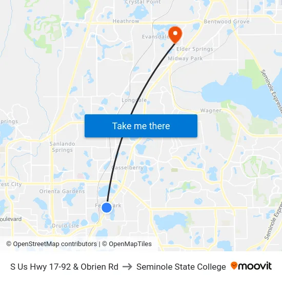 S Us Hwy 17-92 & Obrien Rd to Seminole State College map