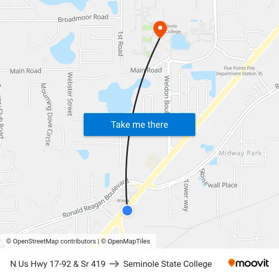 N Us Hwy 17-92 & Sr 419 to Seminole State College map