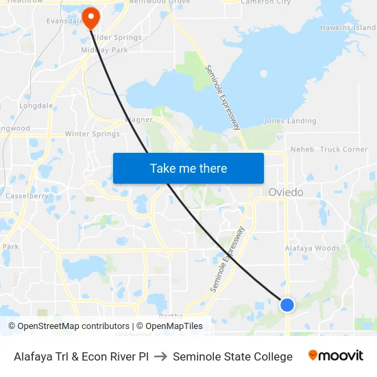 Alafaya Trl & Econ River Pl to Seminole State College map