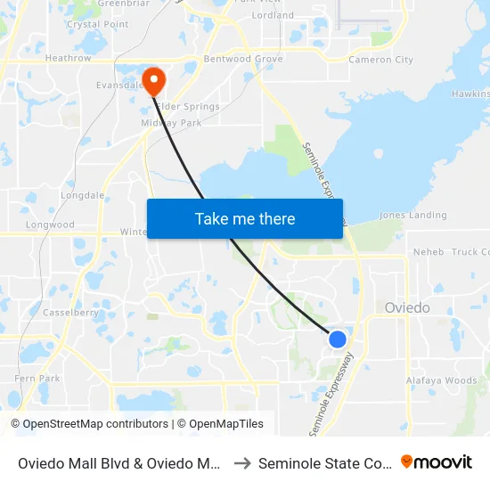 Oviedo Mall Blvd & Oviedo Mall Blvd to Seminole State College map