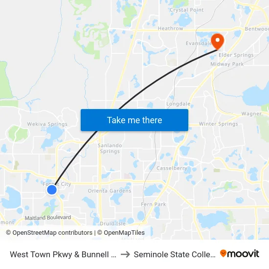 West Town Pkwy & Bunnell Rd to Seminole State College map