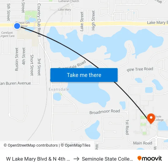 W Lake Mary Blvd & N 4th St to Seminole State College map