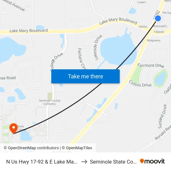 N Us Hwy 17-92 & E Lake Mary Blvd to Seminole State College map