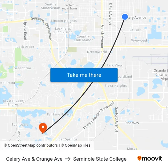 Celery Ave & Orange Ave to Seminole State College map