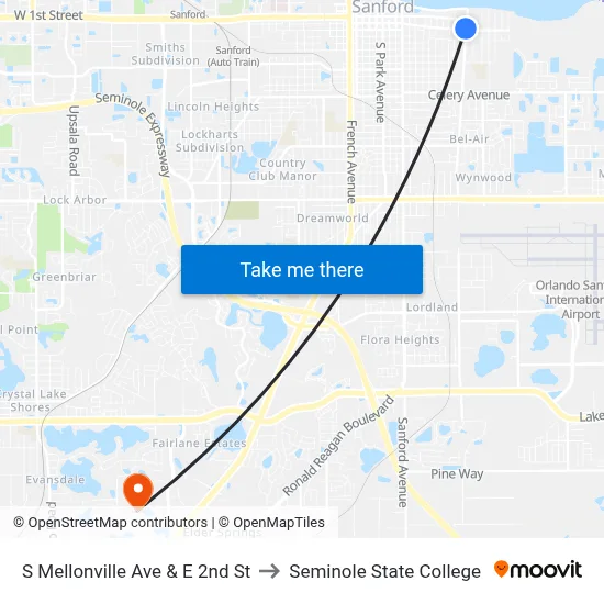 S Mellonville Ave & E 2nd St to Seminole State College map