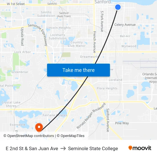 E 2nd St & San Juan Ave to Seminole State College map