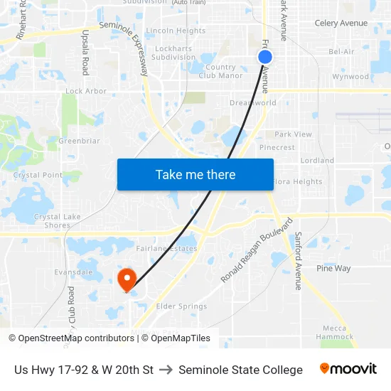 Us Hwy 17-92 & W 20th St to Seminole State College map