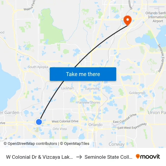 W Colonial Dr & Vizcaya Lake Rd to Seminole State College map