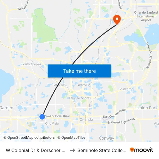W Colonial Dr & Dorscher Rd to Seminole State College map