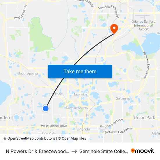 N Powers Dr & Breezewood St to Seminole State College map