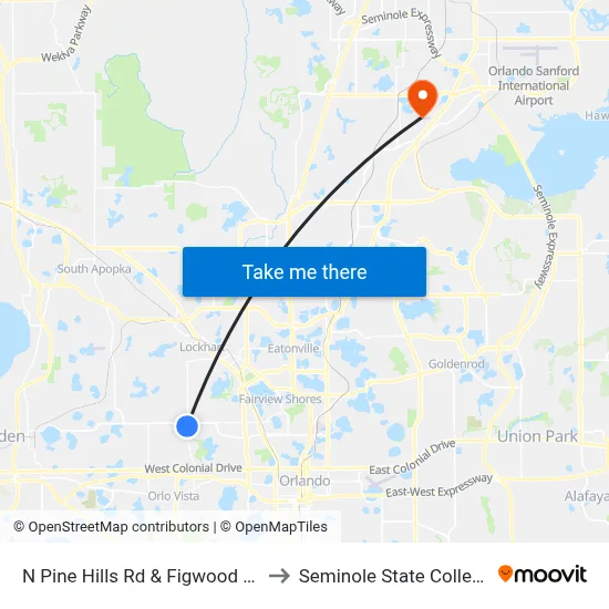 N Pine Hills Rd & Figwood Ln to Seminole State College map