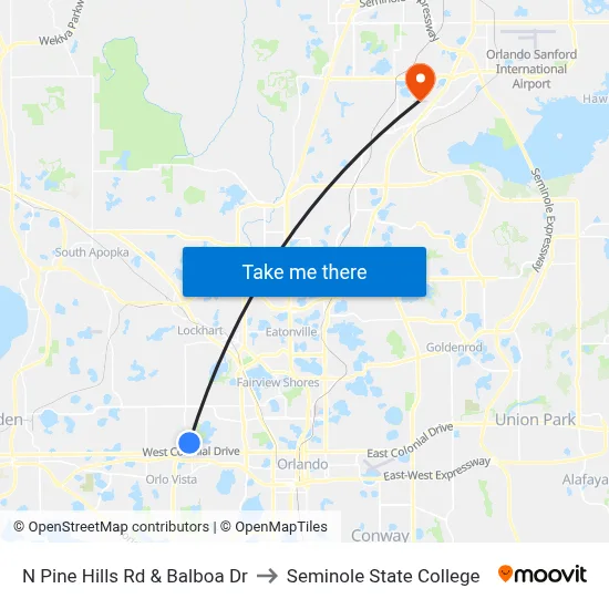 N Pine Hills Rd & Balboa Dr to Seminole State College map