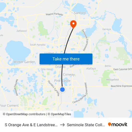 S Orange Ave & E Landstreet Rd to Seminole State College map