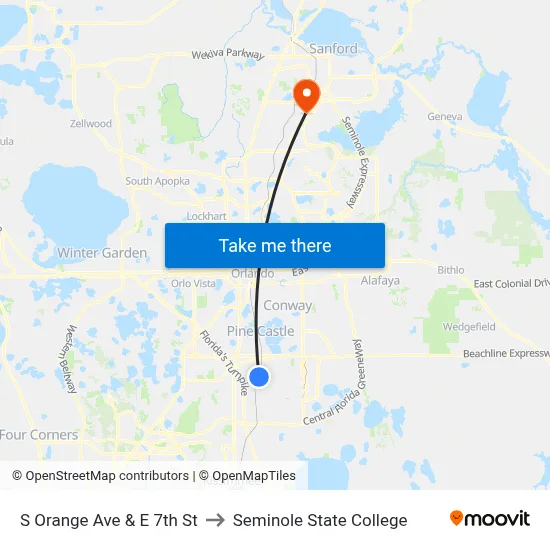 S Orange Ave & E 7th St to Seminole State College map