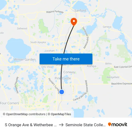 S Orange Ave & Wetherbee Rd to Seminole State College map