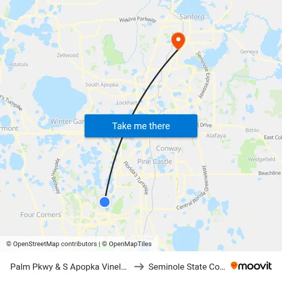 Palm Pkwy & S Apopka Vineland Rd to Seminole State College map