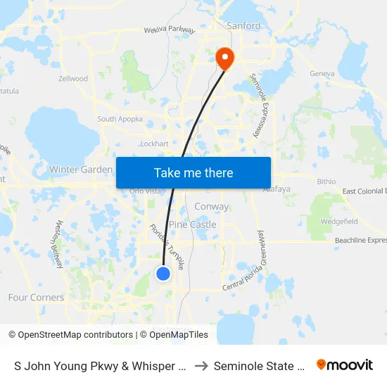 S John Young Pkwy & Whisper Lakes Blvd to Seminole State College map