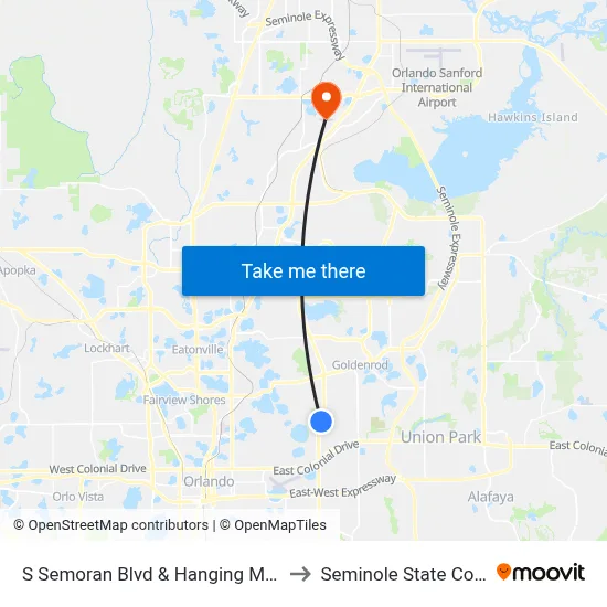 S Semoran Blvd & Hanging Moss Rd to Seminole State College map