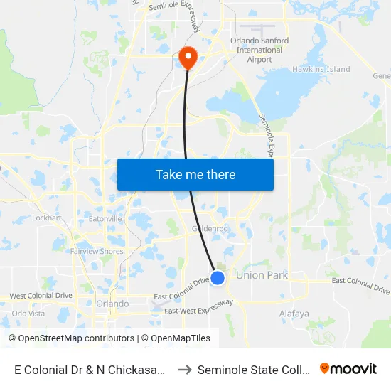 E Colonial Dr & N Chickasaw Trl to Seminole State College map