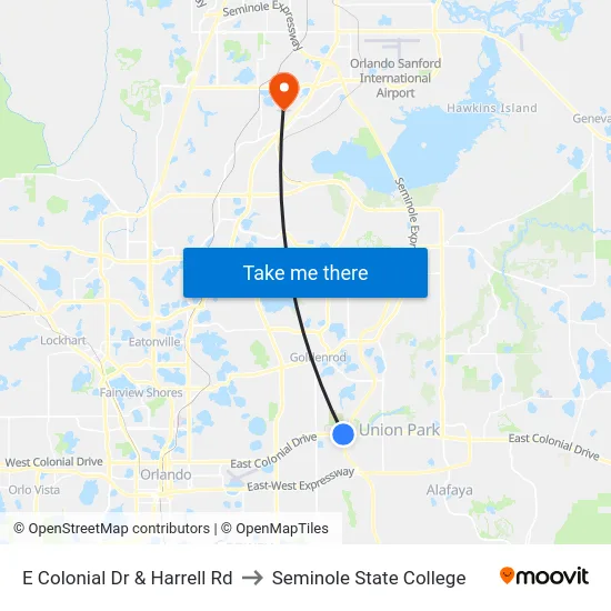 E Colonial Dr & Harrell Rd to Seminole State College map
