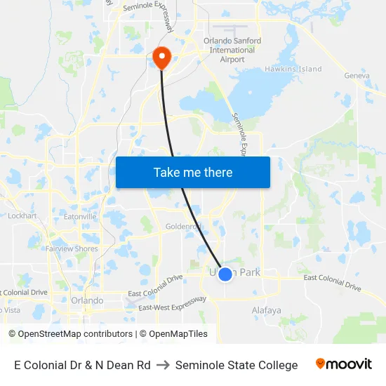E Colonial Dr & N Dean Rd to Seminole State College map