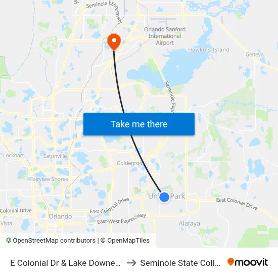 E Colonial Dr & Lake Downey Dr to Seminole State College map