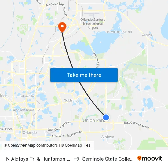 N Alafaya Trl & Huntsman Ln to Seminole State College map