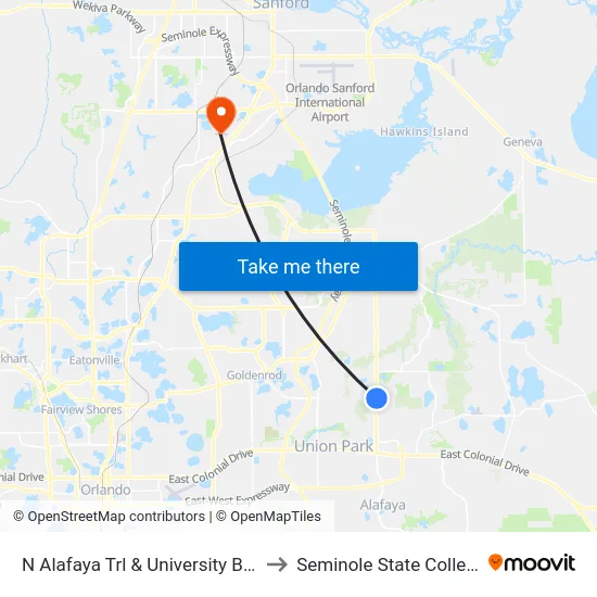 N Alafaya Trl & University Blvd to Seminole State College map