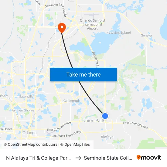 N Alafaya Trl & College Park Trl to Seminole State College map