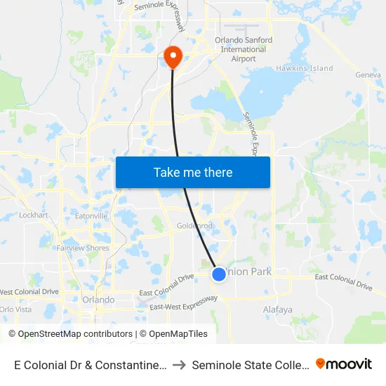 E Colonial Dr & Constantine St to Seminole State College map