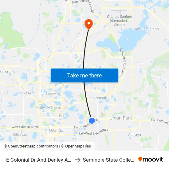 E Colonial Dr And Denley Ave to Seminole State College map