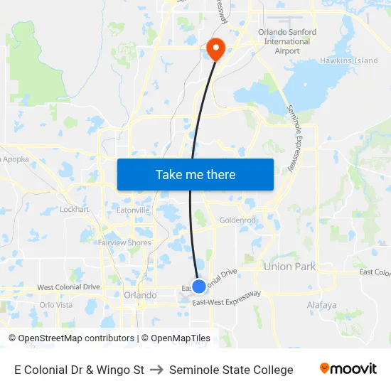 E Colonial Dr & Wingo St to Seminole State College map