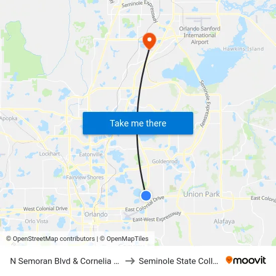 N Semoran Blvd & Cornelia Ave to Seminole State College map