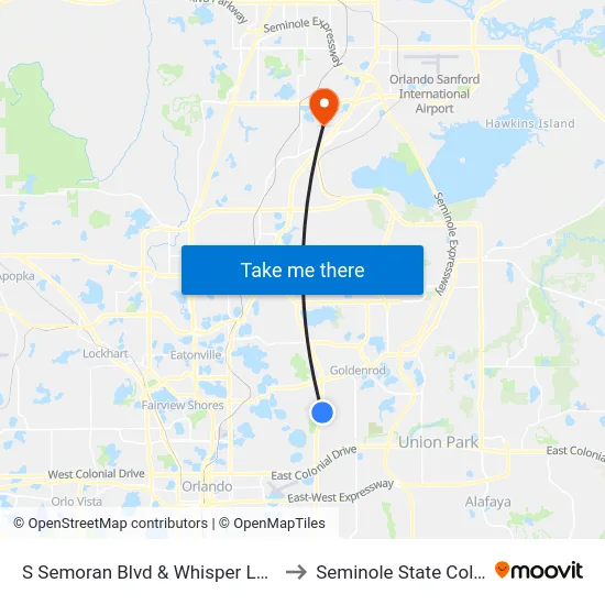 S Semoran Blvd & Whisper Lake Ln to Seminole State College map